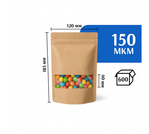 Крафт пакет дой-пак 120х185 с окном 40 мм