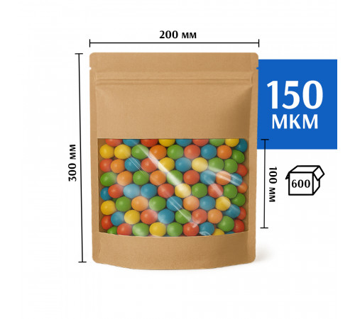 Крафт пакет дой-пак 200х260 с окном 100 мм